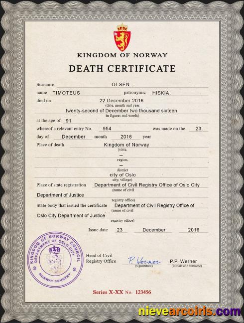 Norway vital record death certificate
